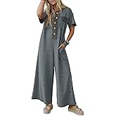 Fisoew Womens Casual Loose Jumpsuits Short Sleeve V-Neck Button Down One Piece Outfits Wide Leg Summer Long Pant Rompers