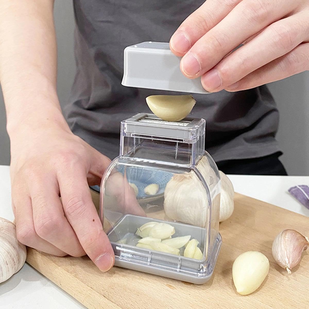 Photo 1 of 1pc Grey Detachable Garlic Slicer, Kitchen Tool, Stainless Steel Garlic Peeler, Puree Remover, Daily Dining Kitchen