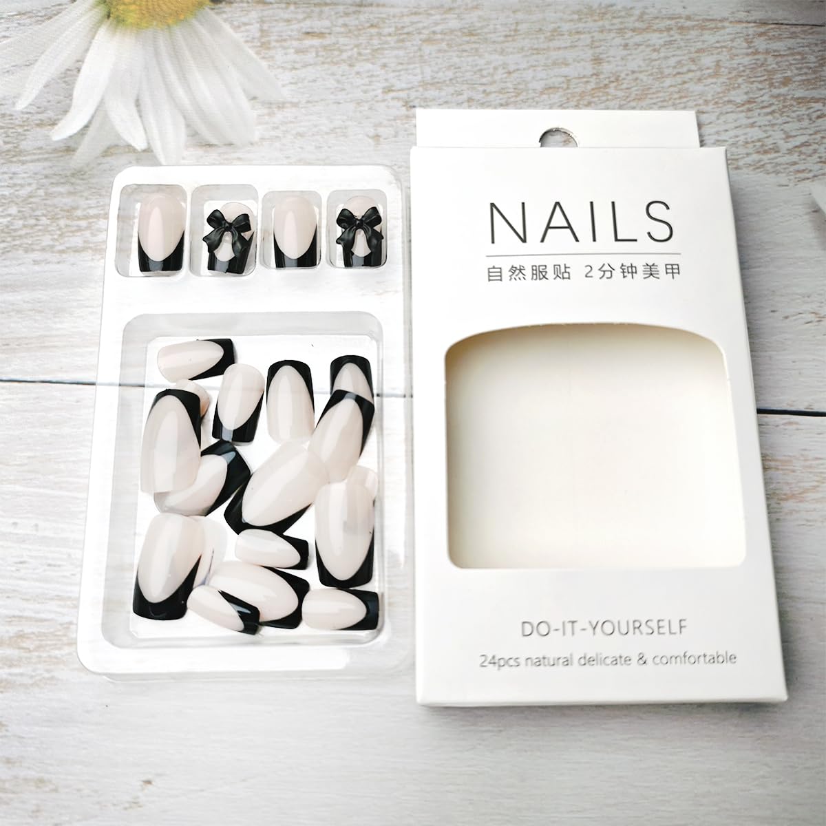 24pcs Black French Tip Press on Nails Medium Square Fake Nails with Design and Black Bow - Glue on Nails Full Cover Glossy False Nails Tips for Women - Image 7