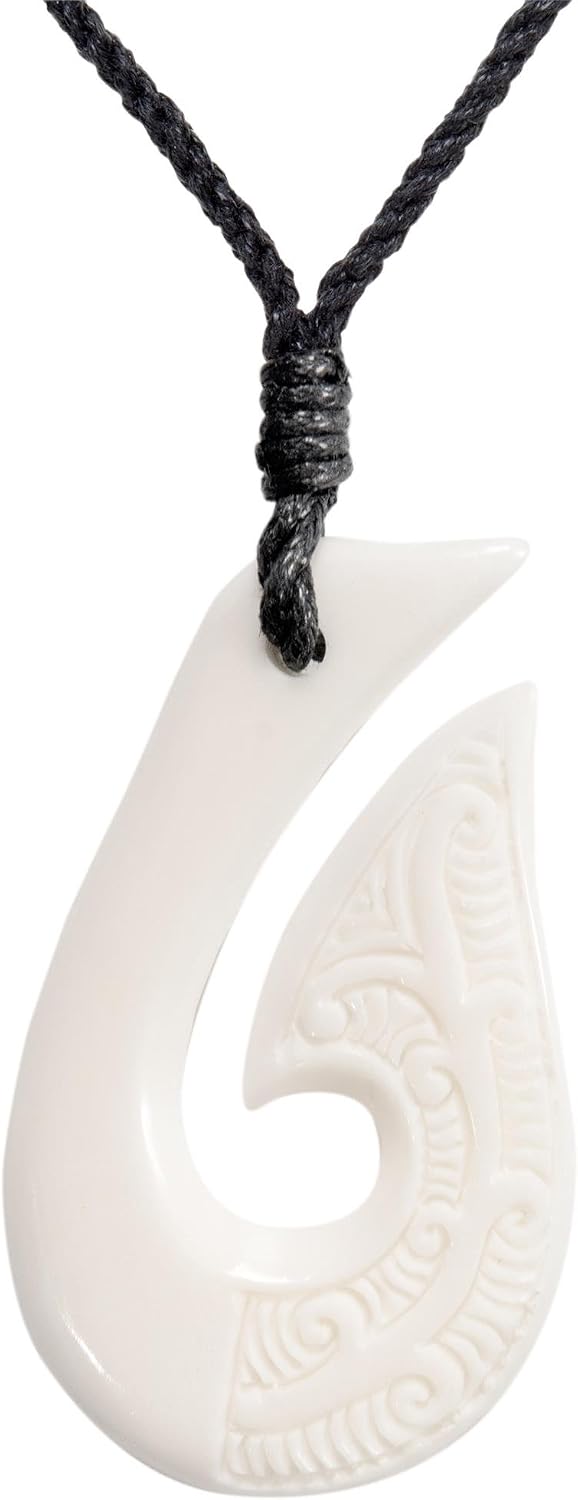 Collier Pendentif Maori Hei Matau Sculpté à La Main Dans L'os - Longueur 84 Cm - Neuf