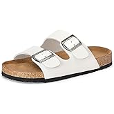 mysoft Womens Flat Sandals Cork Footbed Slides 2 Straps Adjustable Buckle Slip On Summer with +Comfort Shoes