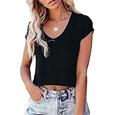 WMZCYXY Women V Neck Crop Tops Cap Sleeve Loose Fit Cropped T Shirts Casual Summer Solid Color Basic Tees