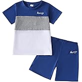 Yoxindax Toddler Kid Boy Clothes Colorblock Letter Graphic Tee Shorts 2PC Summer Outfit Set