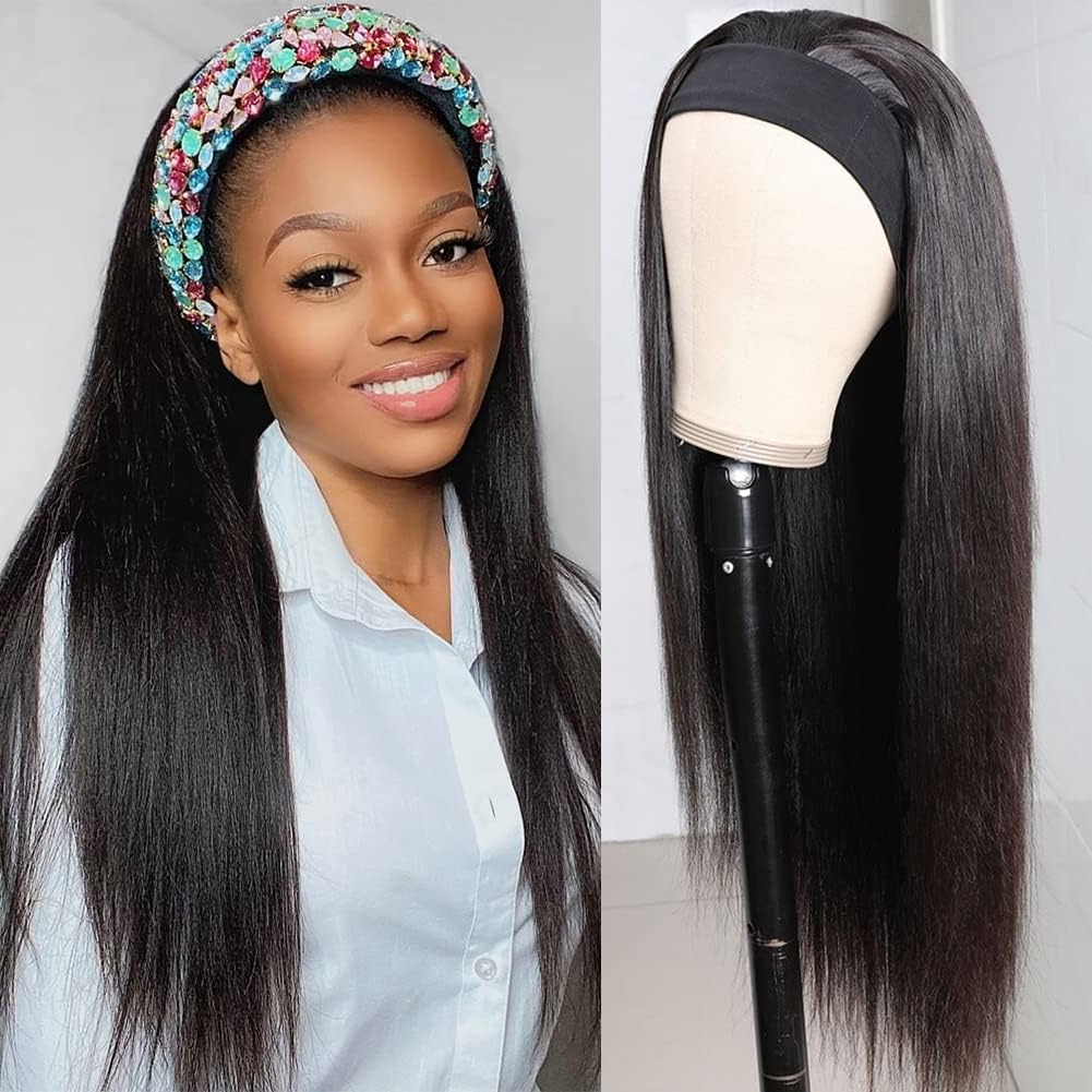 Headband Wig Human Hair 20 inch Straight Human Hair Wigs for Woman Glueless None Lace Front Wigs Brazilian Virgin Human Hair Wigs Wear and Go 150% Density Natural Black Color