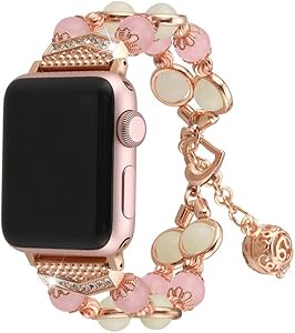 Compatible With Apple Watch 1/2/3/4/5 Series Iwatch Band Agate Luminous Beads Adjustable Jewelry 38mm 40mm 42mm 44mm Bracelet (Pink, 38/40mm)