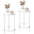 HMYHUM Acrylic Round Side Table Set of 2, 11.8" L x 11.8" W x 20.2" H, Clear Small End Table for Small Spaces, 2-Tier Nightstand/Bedside Table for Living Room, Bedroom, Modern