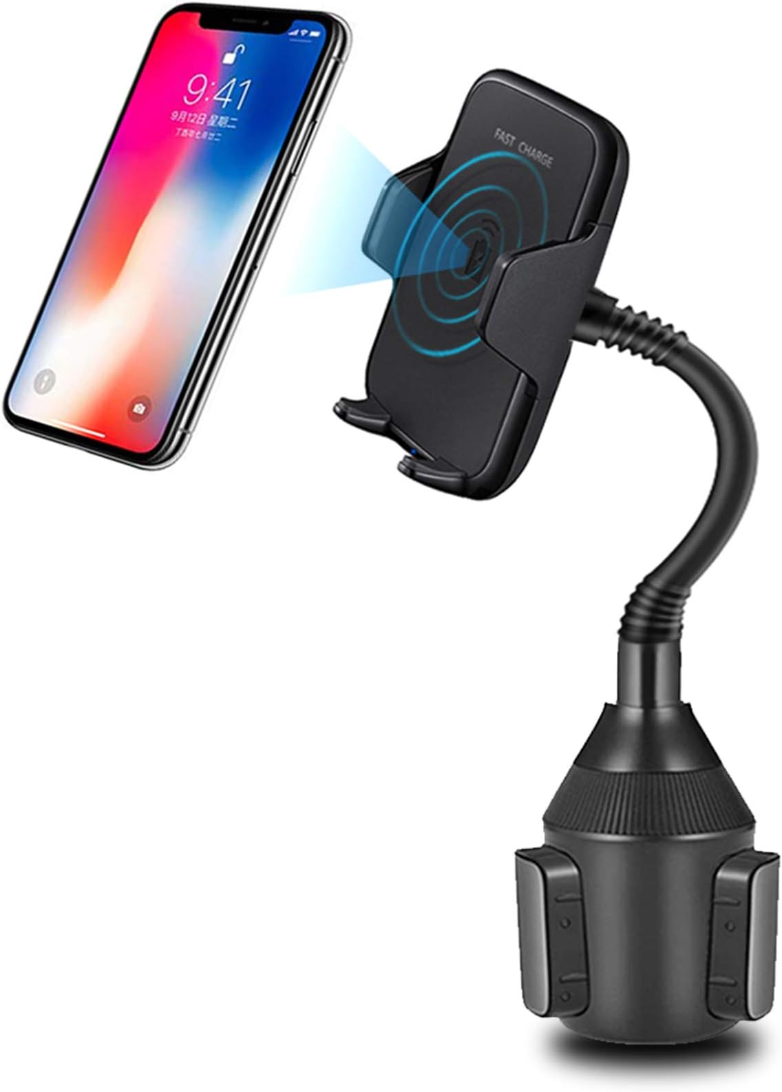 Car Wireless Charger Phone Mount, Universal Cup Holder Phone Mount Qi Charger Fast Wireless Charging Car Cup Phone Holder for iPhone, Samsung, Moto, Huawei, Nokia, LG, Smart-Phones …