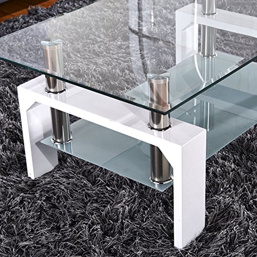 Mecor Rectangle Glass Coffee TableWhite Modern Side Coffee Table with