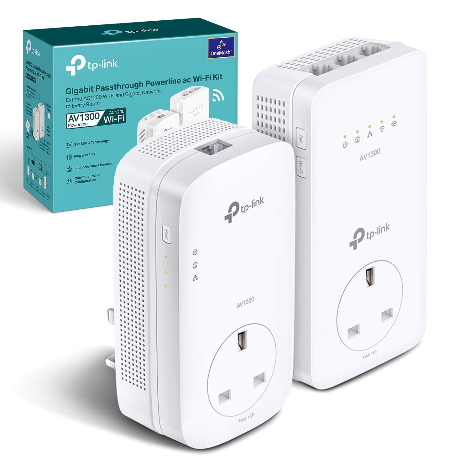 TP-Link TL-WPA8631P KIT AV1300 Gigabit Passthrough Powerline Adapter, Dual-Band WiFi Extender, up to 1300Mbps Speed, Internet Booster, Extra Power Socket, Works with OneMesh, No Configuration Required