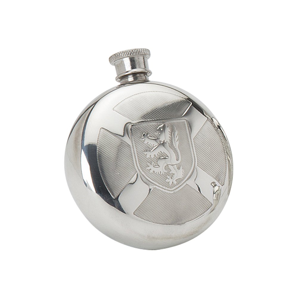 Edwin Blyde & Co Spirit Flask – Traditional Round Shape Scotland Shield Design, 6 oz, Pewter, 14 x 10 x 4 cm