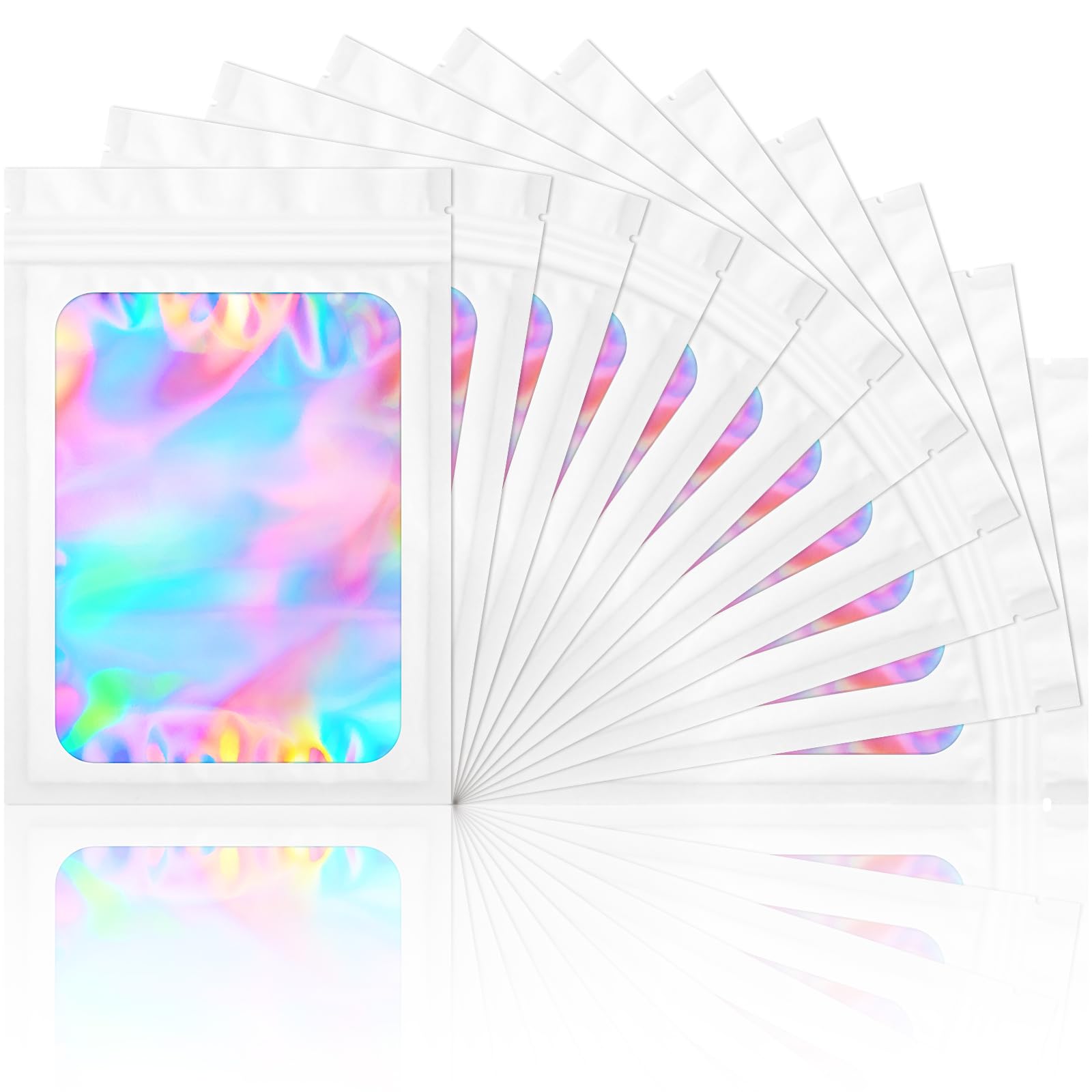 Photo 1 of 100 Pieces Smell Proof Mylar Bags- Resealable Holographic Packaging Pouch Bag with Clear Window for Food Storage Eyelash Jewelry Electronics Storage (White, 4 x 6 Inch)