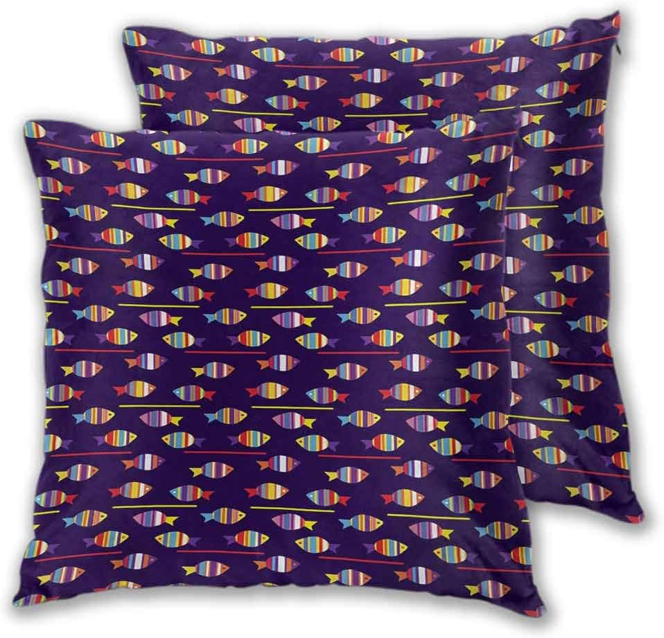 Fish Zippered Pillowcase Rainbow Patterned Aquatic Creatures Silhouettes and Stripes Marine Fauna Aquarium Soft and Comfortable 22 x 22 Inch 2 PCS Multicolor