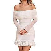 XinFSh Women's Sexy Off The Shoulder Bodycon Mini Dress Fall Long Sleeve Ruffle Ruched Short Party Club Dresses