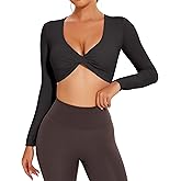 FITTOO Long Sleeve Crop Tops for Women Twist Deep V Workout Padded Top Yoga Gym Cropped Shirt