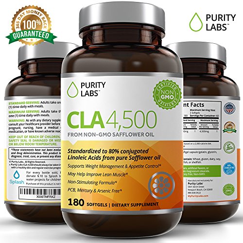 Purity Labs CLA 4,500 Safflower Oil Number One Natural Weight Loss Fat Burner Supplement 180 Softgels Non-GMO & Gluten Free Conjugated Linoleic Acid Pills Belly Fat Burner