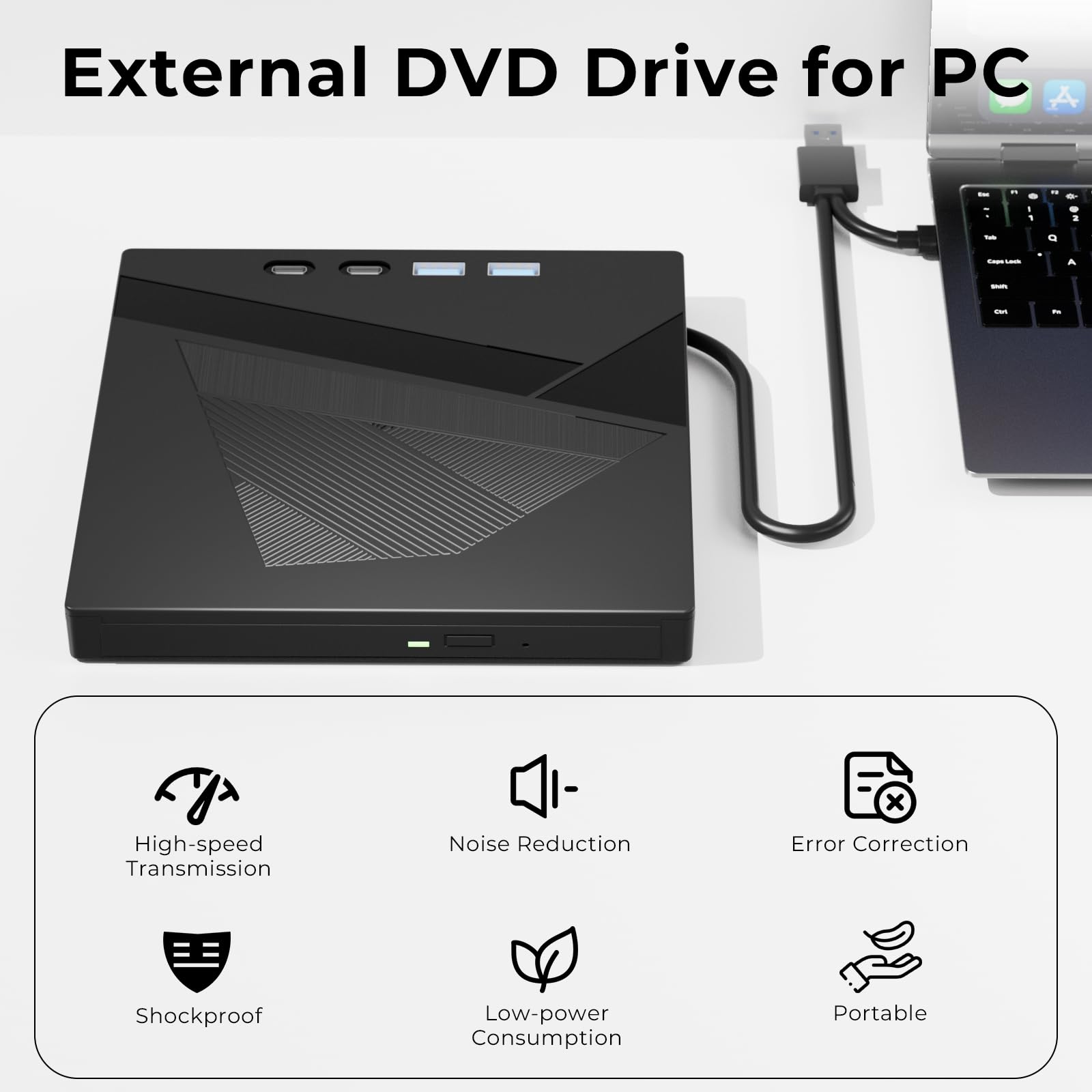 External DVD Drive, 7-in-1 External CD/DVD Drive for Laptop, USB DVD Burner with SD/TF Port, USB 3.0&Type-C CD ROM External Drive for Laptop Desktop PC Windows XP/7/8/10 Linux MacOS