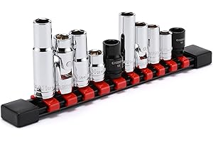 CASOMAN 10-Piece Impact Socket & Flex Socket Set-10mm, 1/4" & 3/8" Dr, 6-Point, Include Magnetic Impact Socket, Storage Rail