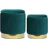 2BYF Green Round Storage Ottoman Set of 2 - Multi-Functional Velvet Footrest & Vanity Stool for Living Room, Space-Saving Side Table with Hidden Compartment, Sturdy Seating for Small Apartments