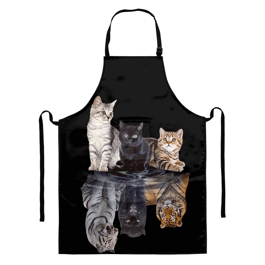 HUGS IDEA Cat & Tiger Mapping Art Growing Up Cats Lengthen Chefs Apron Professional Quality Kitchen Cooks Restaurant Bistro BBQ School College Polyester