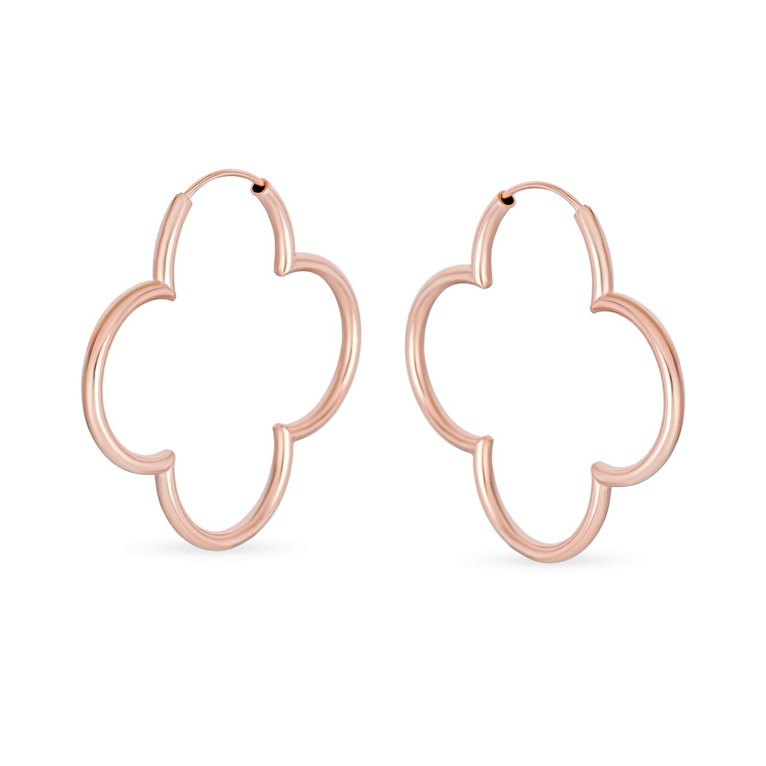 Clover Flower Shaped Thin Tube Endless Hoop Earrings For Women Polished Rose Gold Plated .925 Sterling Silver 1.5 In