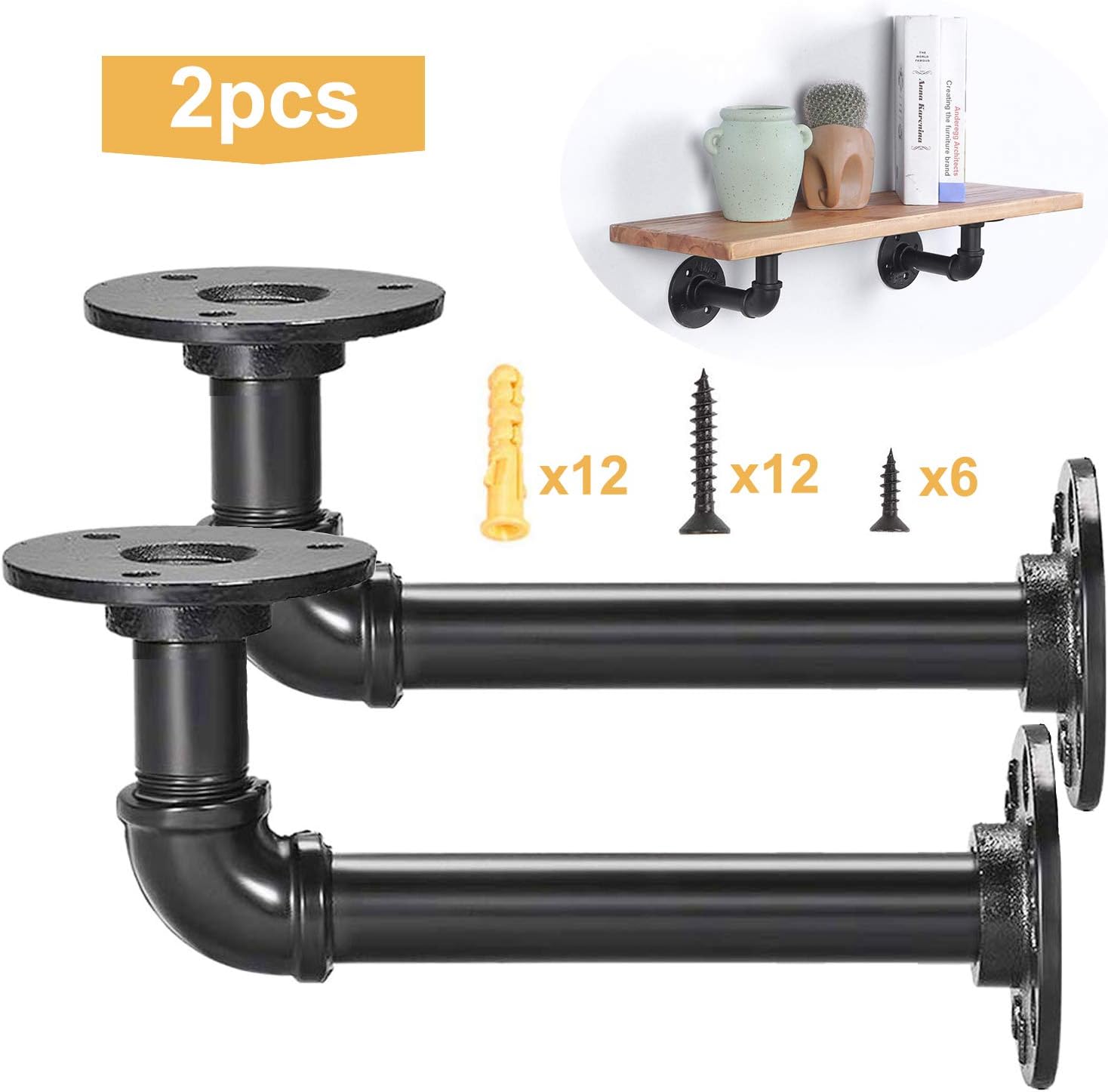 Pipe Shelf Bracket 6 inch Elbow Shelf Bracket Rustic Decorative Shelf Bracket Industrial Heavy Duty Shelf Bracket for Floating Shelf, Black 2 Pack