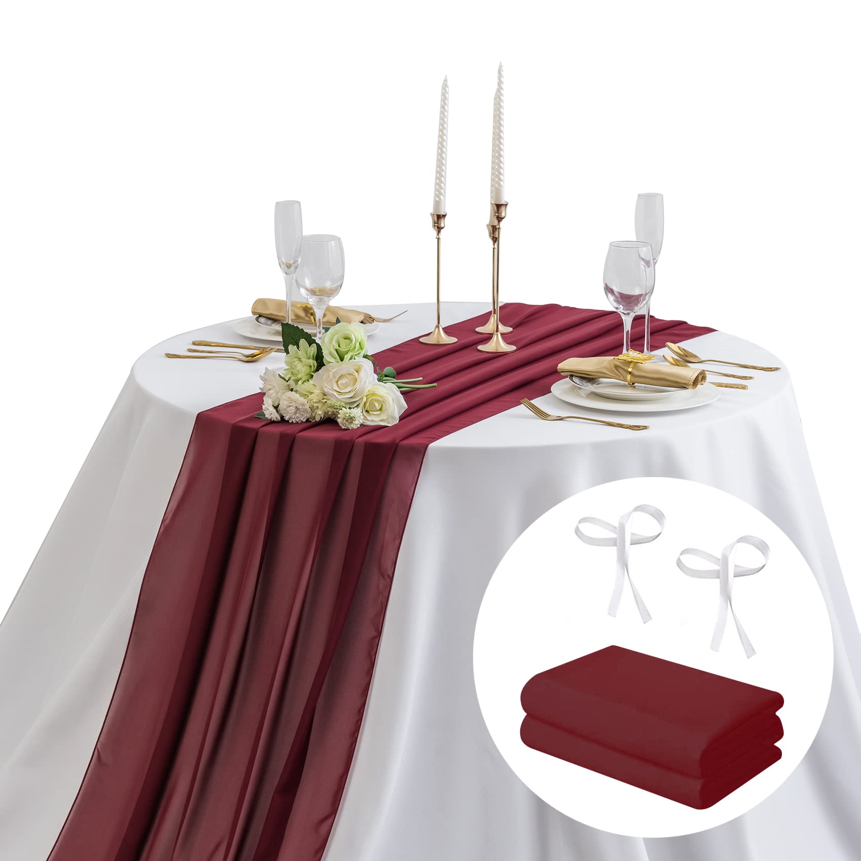 Photo 1 of 2Pack Chiffon Table Runner, AILITI Wedding Table Runner, 29x120 inches Gauze Table Runner, Rustic Sheer Table Decor for Romantic Bridal Shower, Baby Shower, Birthday Party Cake Table(Burgandy)