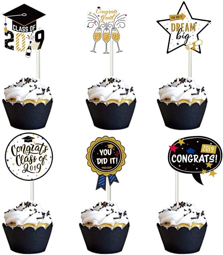 Graduation Cupcake Toppers,Vanten 24 Pcs Cake Toppers For Class of 2019 Graduation Party,Food and Appetizer Decoration,Congrats Grad Cake Picks