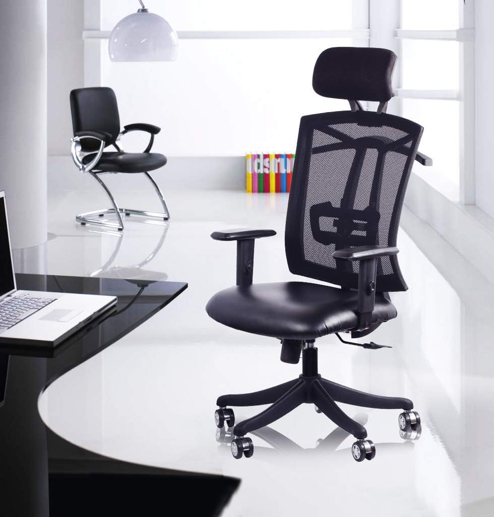 Seat Chacha ® Extra High Back Mesh Office Chair - Adjustable Arms Ergonomic Computer Desk Task Chair with Padded Leather Seat and Breathable Mesh Headrest Lumbar Support (Black-Mesh)