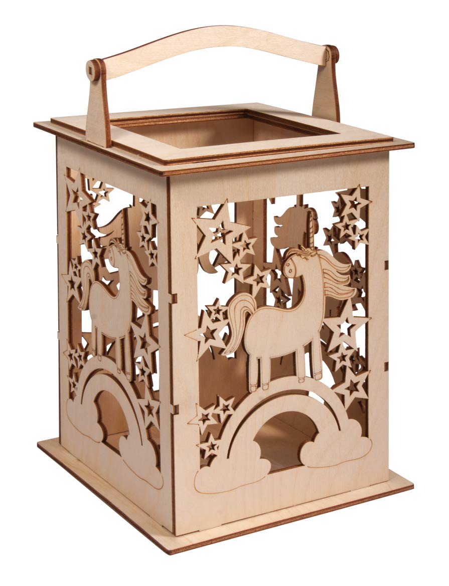 Rayher Wooden Lantern Building Kit with Unicorn Design, DIY Wood Craft Set with 15 slot-together Pieces, natural wood, 15.3x15.3x26.5cm, 62892505