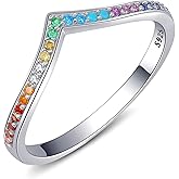 Qings Rainbow V Shape Ring, 925 Sterling Silver Colorful CZ Stackable Chevron Ring for Anniversary Promise Wedding Engagement, Jewellery Gifts for Women Band Sizes 6-9