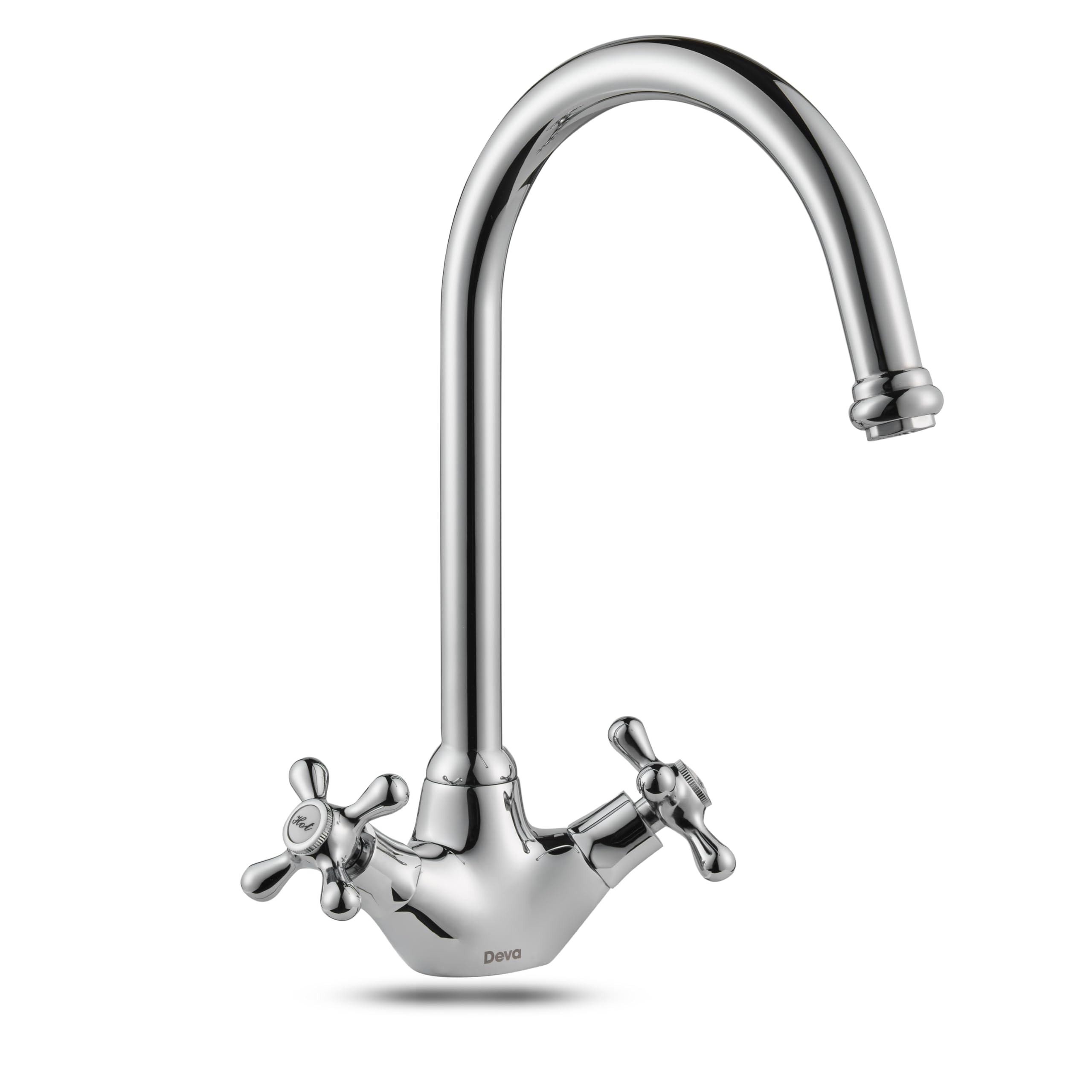 Deva Venetian Mono Kitchen Sink Mixer Tap with Chrome Finish 360° Swan Swivel Spout - Easy Use Hot & Cold Silver Dual Flow Cross Handles - for Dual Single Basin - 12 Year Warranty SM057