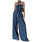 SweatyRocks Women's 2 Piece Outfits Halter Tank Top Blouse and Wide Leg Pants Matching Sets