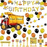52 Pack Construction Birthday Party Supplies Kit - Construction Happy Birthday Banner, Giant Dump Truck Balloon, Star Garland, Road Sign Model for Cake Decoration | Aster Birthday Decor Set for 1st 2nd 3rd 4-12 year Boys