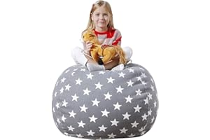 Aubliss Stuffed Animal Bean Bag Storage Chair, Beanbag Covers Only for Organizing Plush Toys, Turns into Bean Bag Seat for Kids When Filled, Medium 32"-Canvas Stars Grey