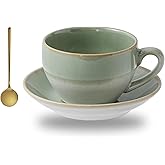 Tvvtuww Porcelain Coffee Cup with Saucer Spoon, Vintage Design Ceramic Latte Art Cappuccino Barista Espresso Tea Cup with Saucer (11.6 oz, 350ml, White Both Green)