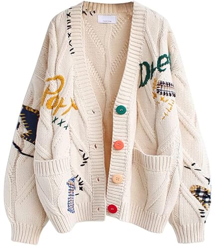 トップス Life Word Embroidery Knit Cardigan utcoco Womens Open Front Cardigan Cable Knit Long Sleeve Button