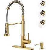 Kitchen Sink Faucet with Soap Dispenser: Brushed Gold Kitchen Faucets with Pull Down Sprayer - Stainless Steel Single Handle Kitchen Faucet with Deck Plate for Farmhouse RV Laundry