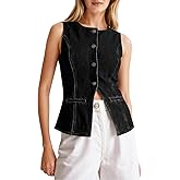 Tankaneo Womens Button Down Denim Vest Trendy Fitted Sleeveless Jean Tank Tops Crew Neck Waistcoat