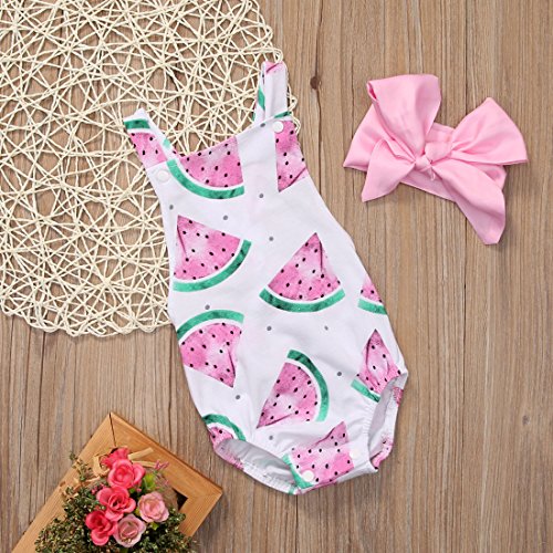 CANIS Baby Girls Watermelons Print Backless Ruffle Bodysuit With Headband (90(12-18M), Pink) - Thumbnail 3