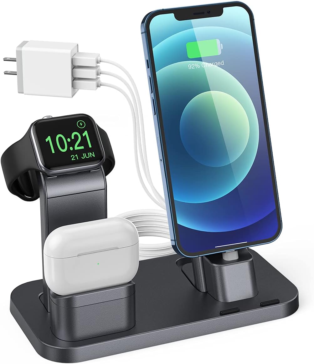 Charging Station for Apple Product, Conido 3 in 1 Charging Station for iPhone 12 mini/12 Pro Max/SE New/11 Pro Max, for AirPods/AirPods 2, for Apple Watch SE Series 6/5/4/3/2/1 Charger Gray