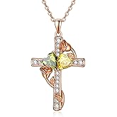 JIYVY32 Rose Gold Dual Birthstones Cross Necklace for Women Rose Flower Jewelry Anniversary Christmas Mother's Valentine's Day Birthday Gift for Wife Girlfriend Mom
