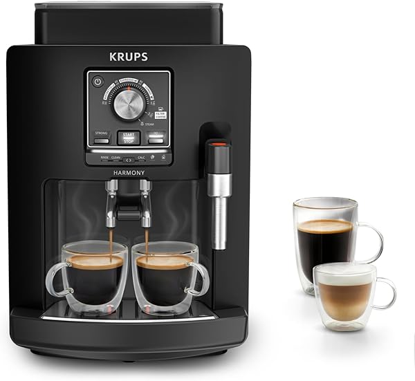Krups Harmony Kaffeevollautomat mit Milchaufschäumdüse, 4 Kaffeespezialitäten, intuitive Bedienung, automatische Reinigung, kompaktes Design, Schwarz, EA5088E0