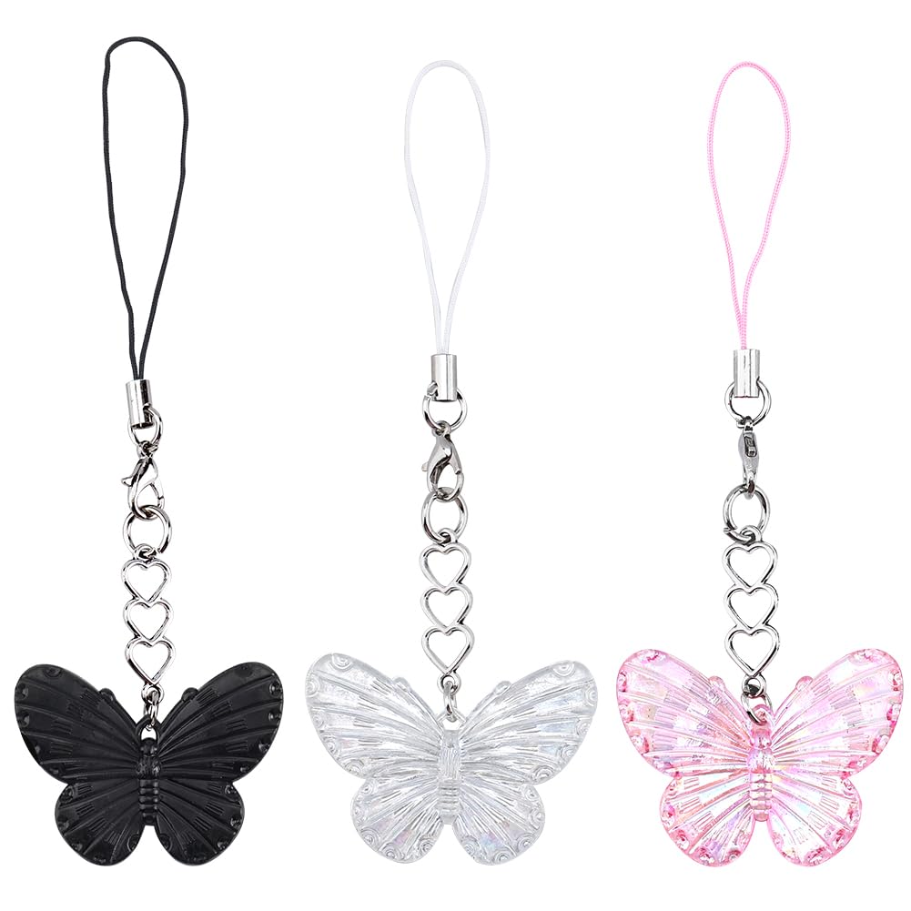 GORGECRAFT 6Pcs 3 Styles Butterfly Phone Charm Strap Acrylic Aesthetic Decorative Y2K Cell Phone Chain Lanyard String Accessories for Bag Purse Backpack Airpods Camera Pendants Decor