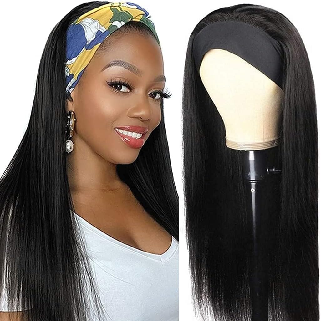 Tmbitto Straight Headband Wig Human Hair Glueless Wear and Go No Lace Beginner Friendly Wigs for Black Women Natural Black 150% Density Brazilian Virgin Hair 20 Inch