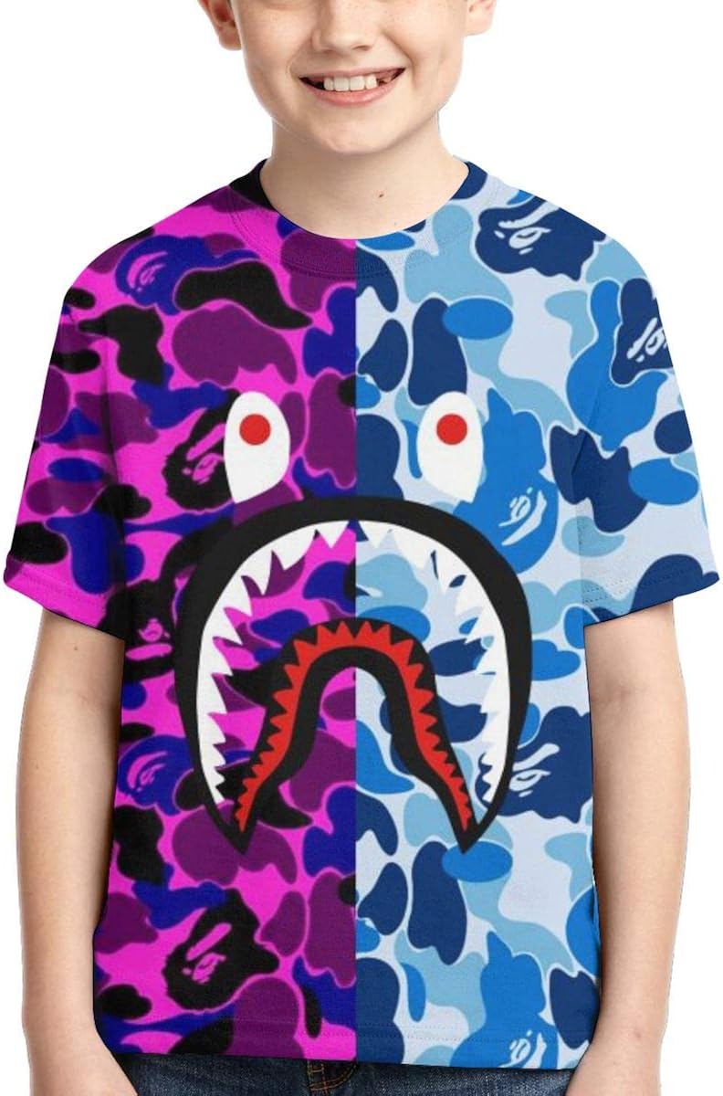 Bape Shark Half Gray Camo Boys Girls 3D Printed Short Sleeves T Shirt Fashion Youth Tee Shirts