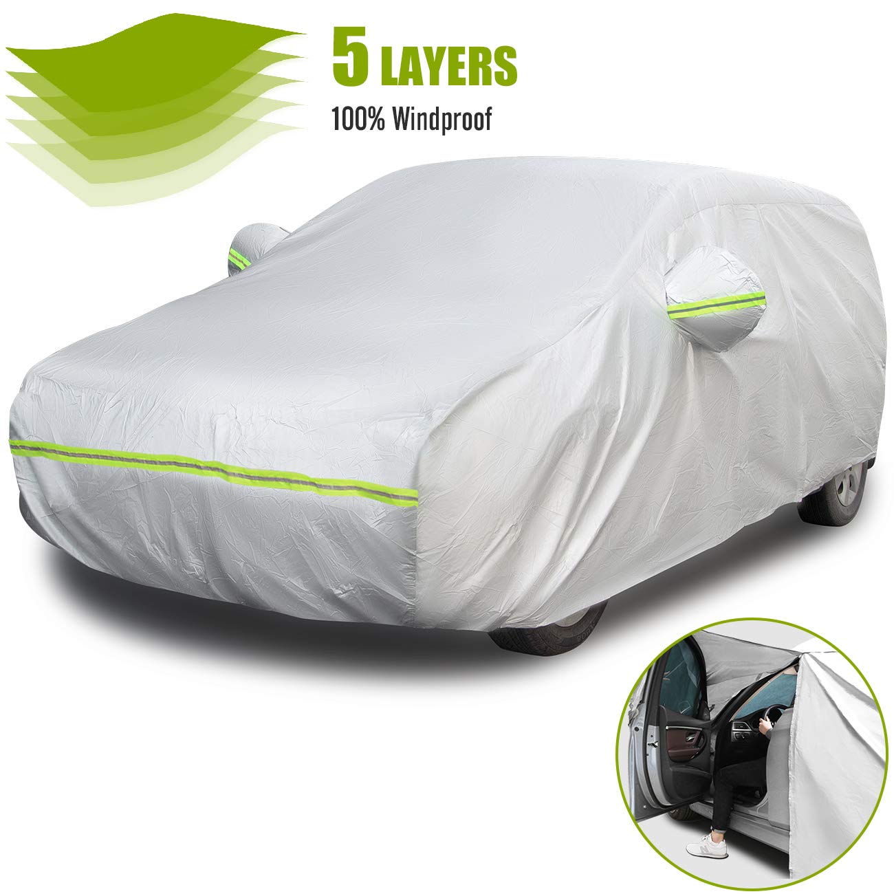 Favoto Hatchback Car Cover 5 Layers Universal Fit 157 to 171 inch Driver Side Door Zipper Design Protection from Sun Rain Windproof Dustproof Snow Leaves Scratch Resistant Full Exterior Cover