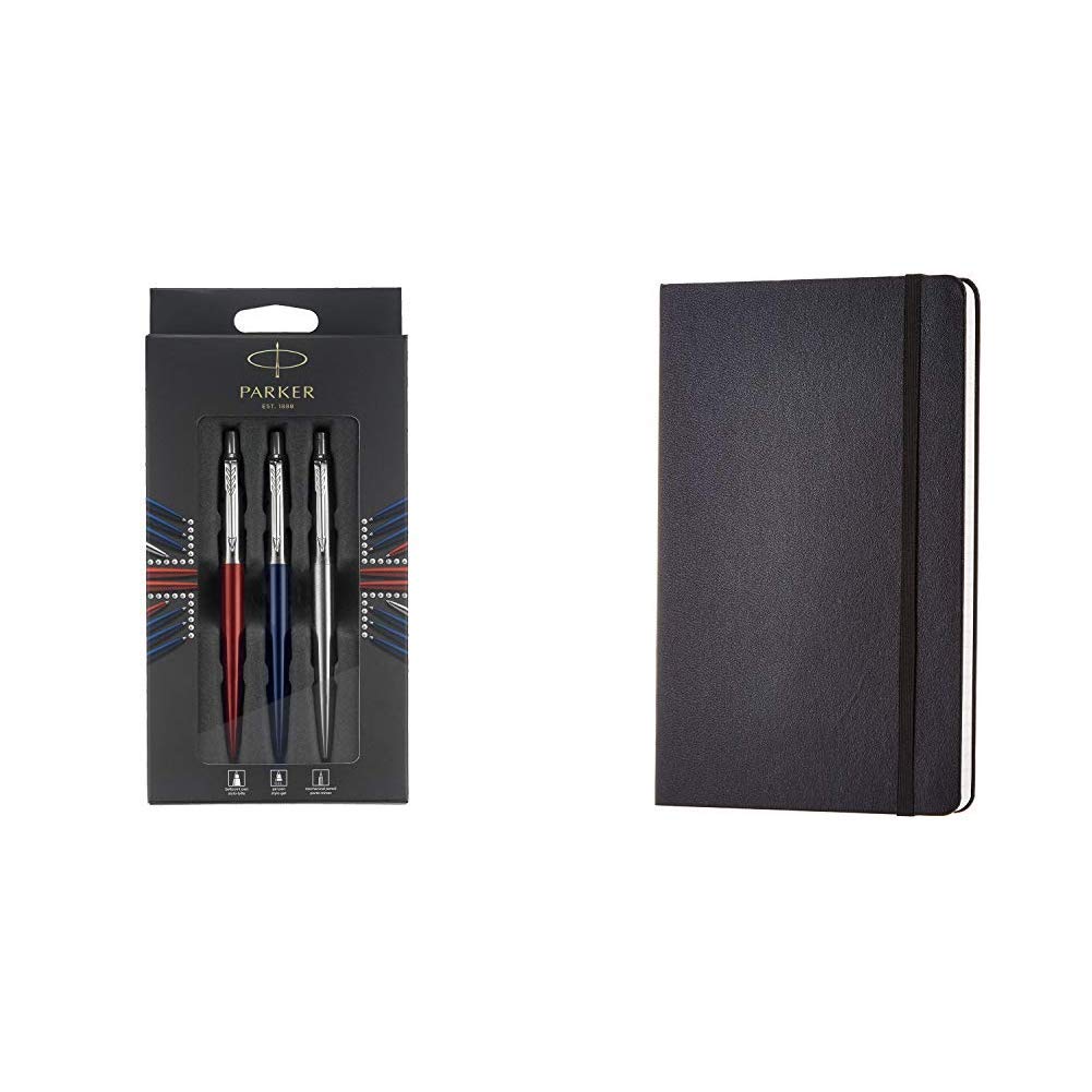 PARKER Jotter London Trio Discovery Pack, Red Kensington Gel Pen, Royal Blue Ballpoint Pen and Stainless Steel Mechanical Pencil & Amazon Basics Classic Notebook, Ruled 240 pages, Large (12.7x21cm)