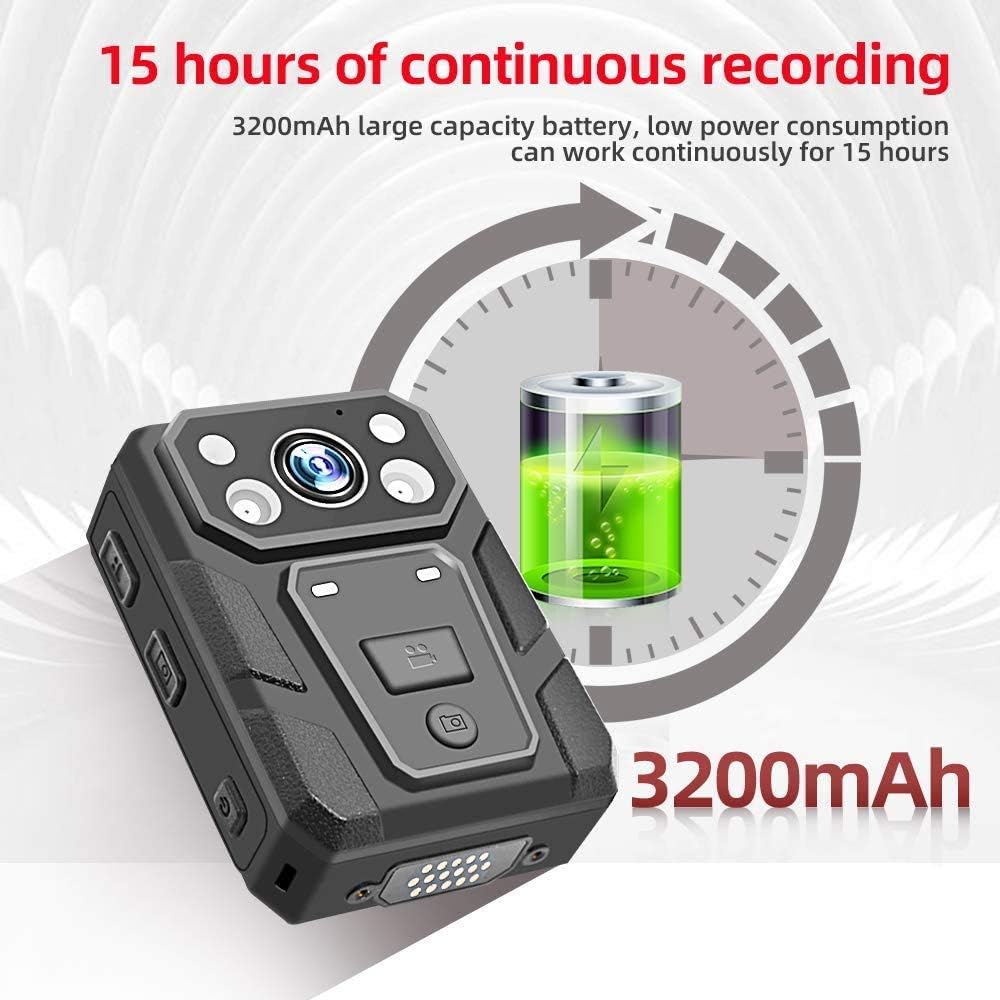 Police Body Camera, 1080p HD Body Worn Camera with 2 Inch Display, Night Vision, 3600w Pixels, Waterproof, 3200mAh Battery, 15 Hours Recording, 64G Memory - Image 4