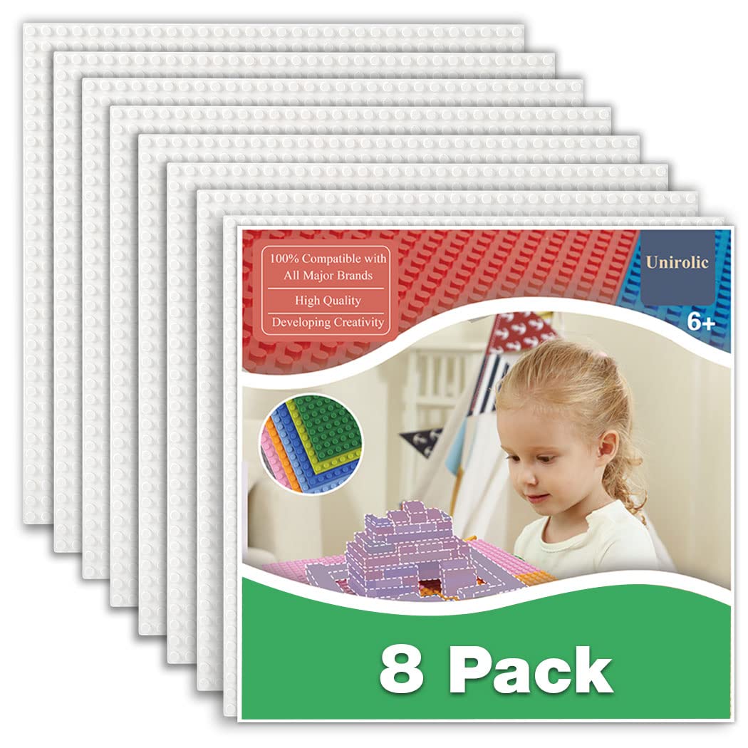 Photo 1 of Unirolic 8 Pack Classic Baseplates 10" x 10" Sturdiness Building Platforms -100% Compatible with All Major Brands Building Bricks, Suitable for Kids and Adults as a Gift -White