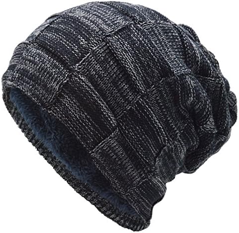 Men's Fleece Lining Knit Hat Beanie Hat Baggy Slouchy Skull Cap Winter Warm Hat, 6 Colors (Navy)